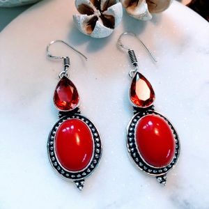Coral with Garnet 925 Silver Earrings